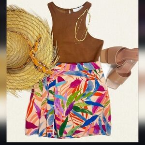 SAGE The Label Havana Multi Tropical Print Mini Skirt with Pleats & Side Zipper